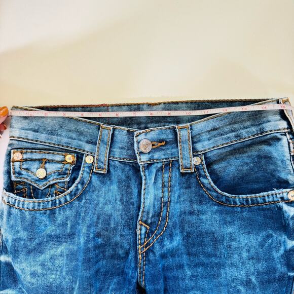 TRUE RELIGION MENS Blue White Acid Wash Relaxed Straight Leg Flap Denim Jeans 29 - Picture 12 of 14